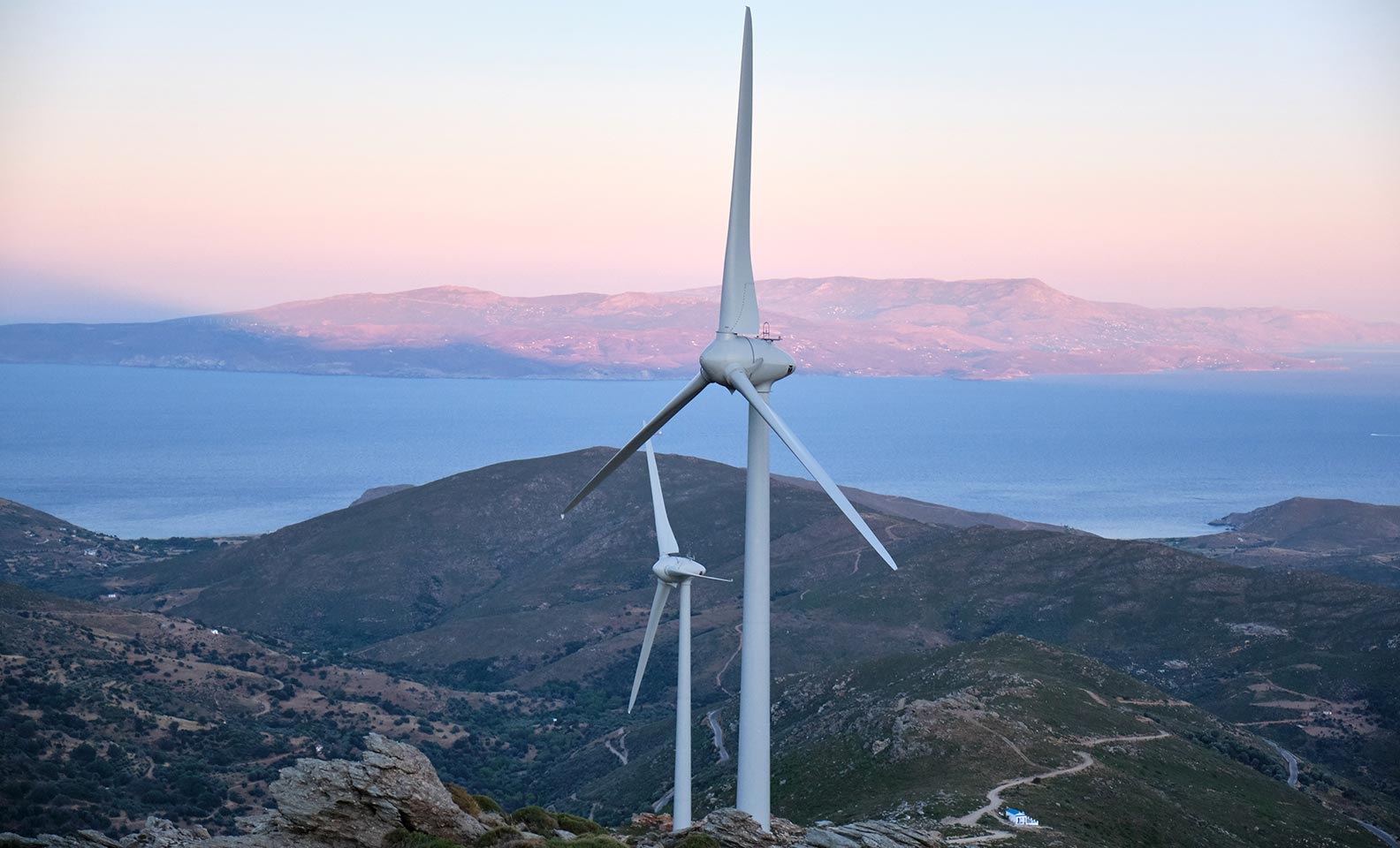 Series of wind turbines in the mountains