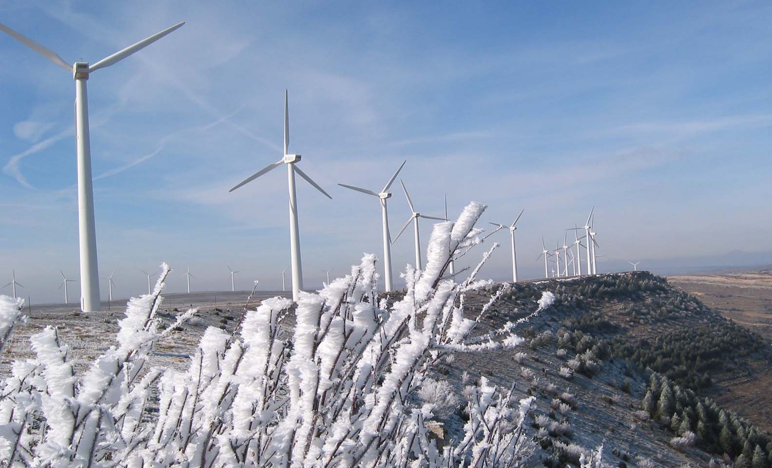 Wind turbines on snowy landscape